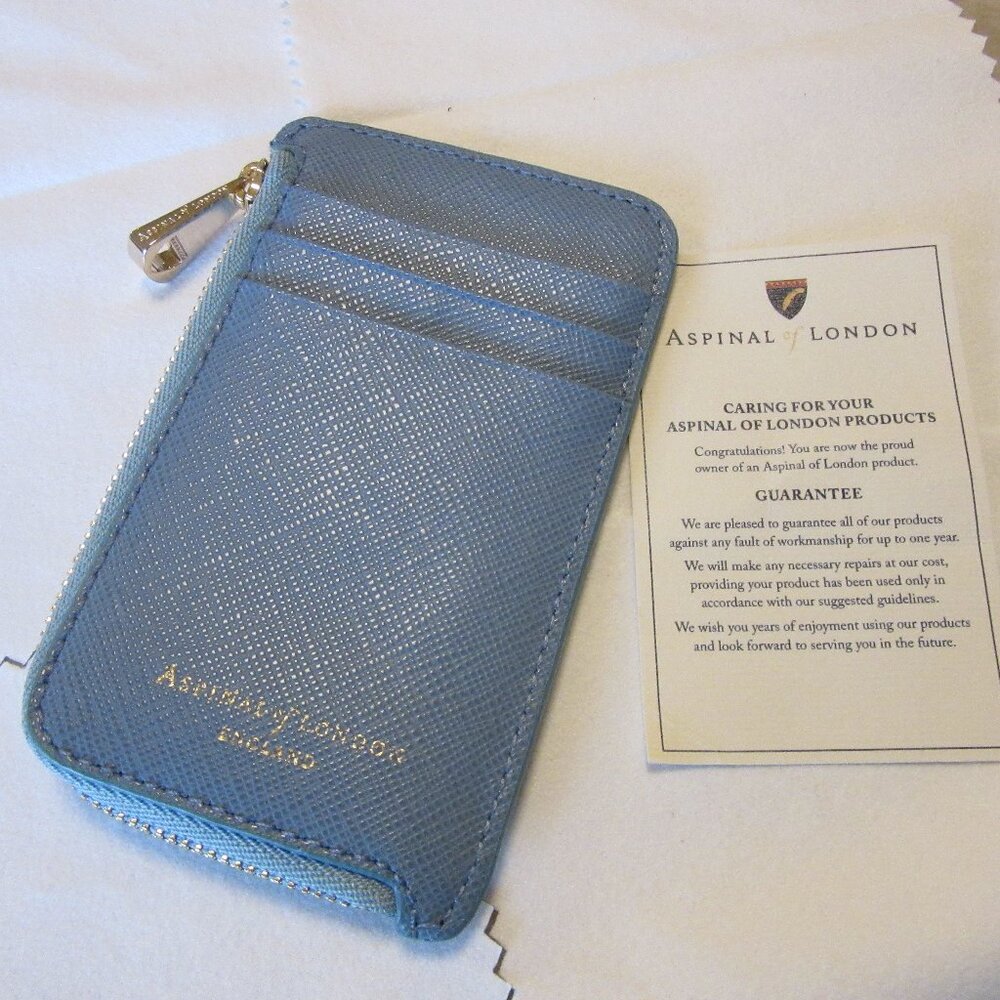 Aspinal of London Zipped Coin & Card Case Bluebird Blue Saffiano NWOT MSRP $165